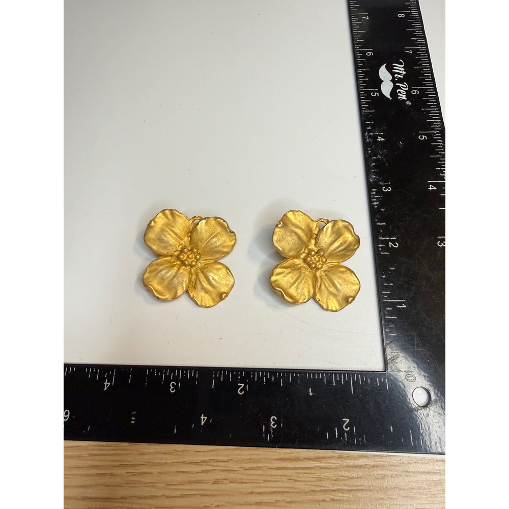Matte Gold Tone Dogwood Flower Clip On Earrings Statement Floral Jewelry